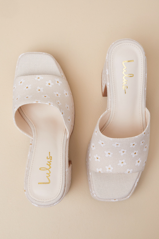 Lulus Drexel Beige Floral Platform Slide Sandals