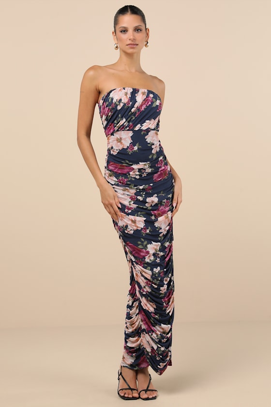 Lulus Averie Navy Floral Mesh Strapless Maxi Dress