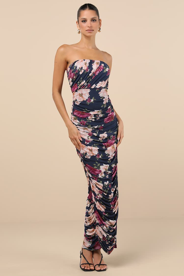 Navy Floral Maxi Dress - Floral Mesh Dress - Ruched Maxi Dress - Lulus