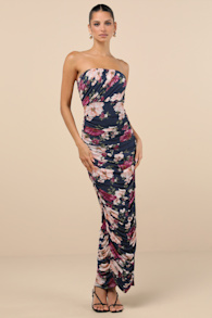 Averie Navy Floral Mesh Strapless Maxi Dress