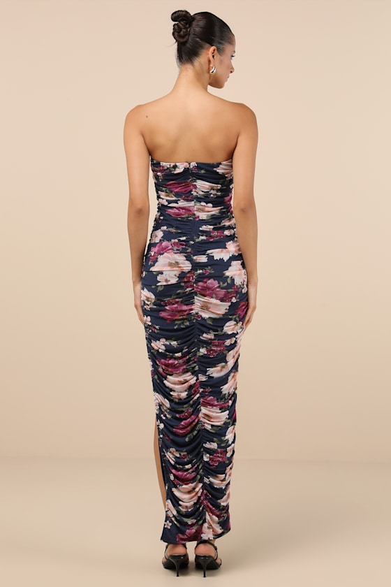 Lulus Averie Navy Floral Mesh Strapless Maxi Dress