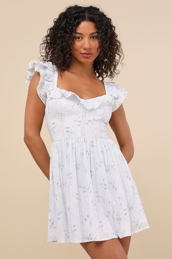 Velia Light Blue Floral Textured Flutter Sleeve Mini Dress
