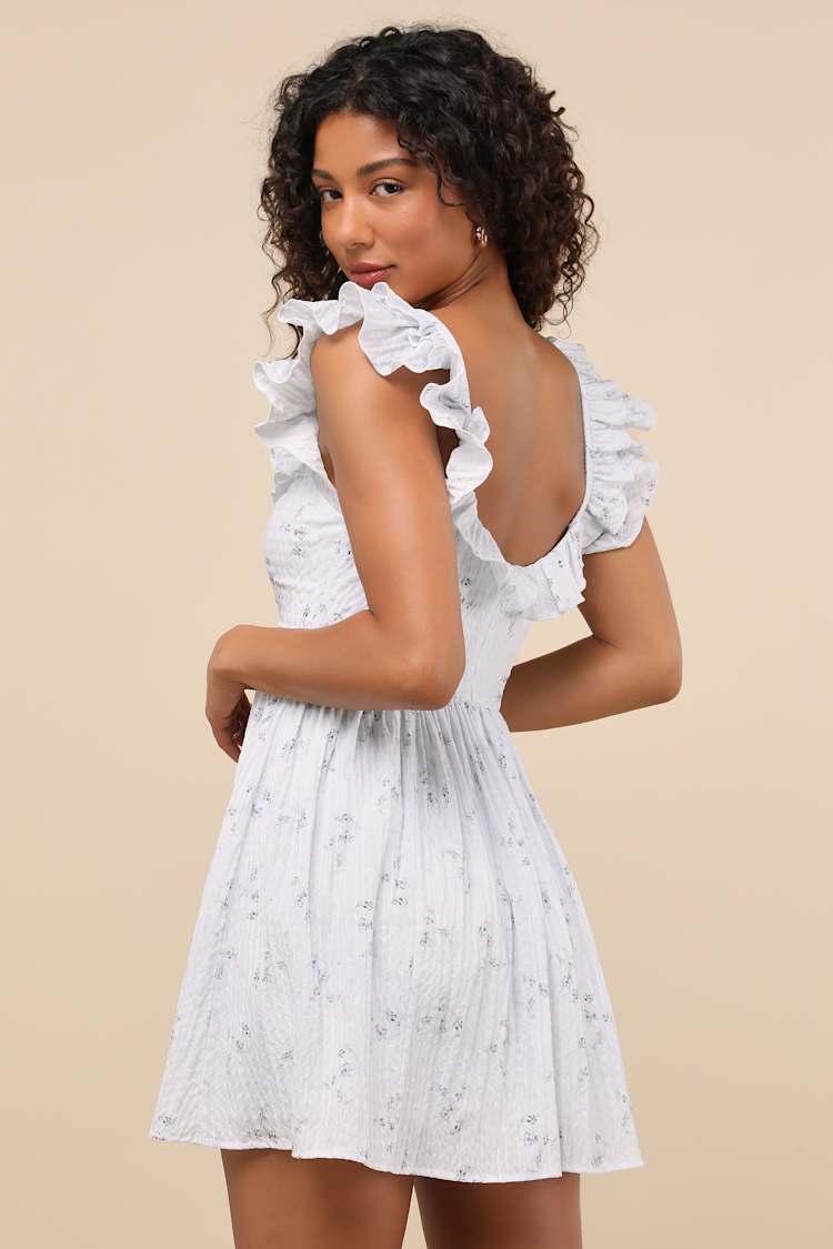 Velia Light Blue Floral Textured Flutter Sleeve Mini Dress