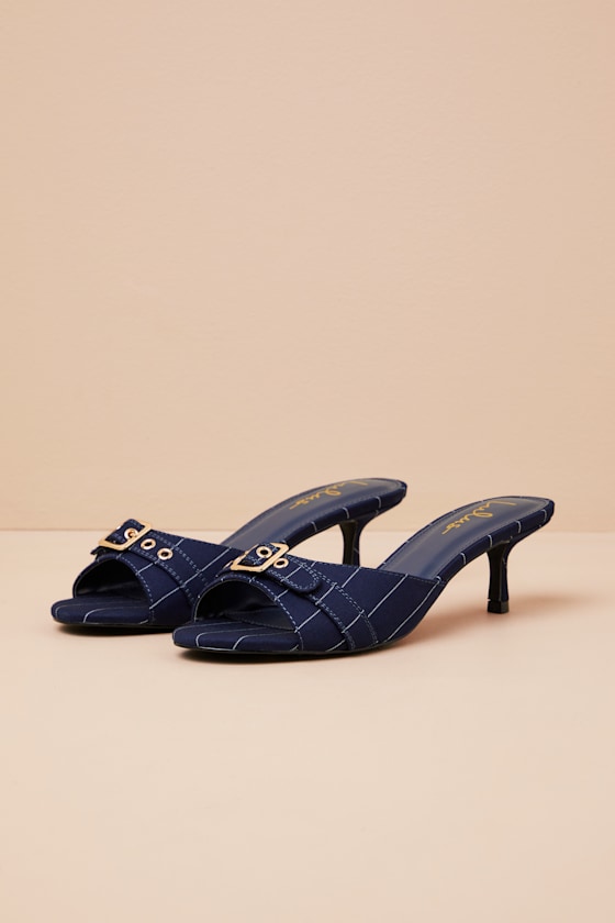 Lulus Vendela Navy Pinstriped Buckle Kitten Heel Slide Sandals