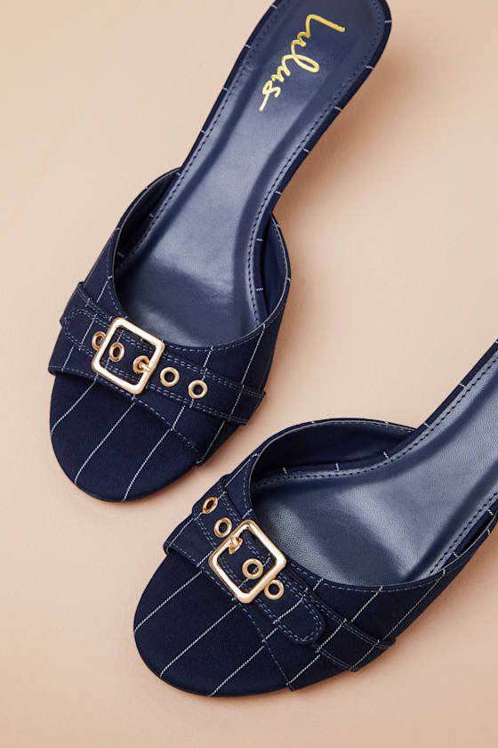 Lulus Vendela Navy Pinstriped Buckle Kitten Heel Slide Sandals