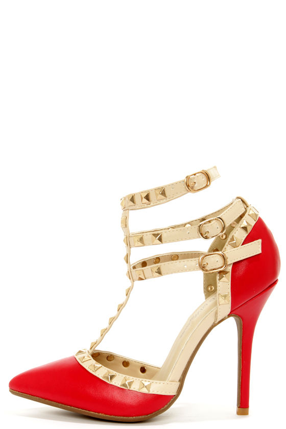 studded t strap pumps