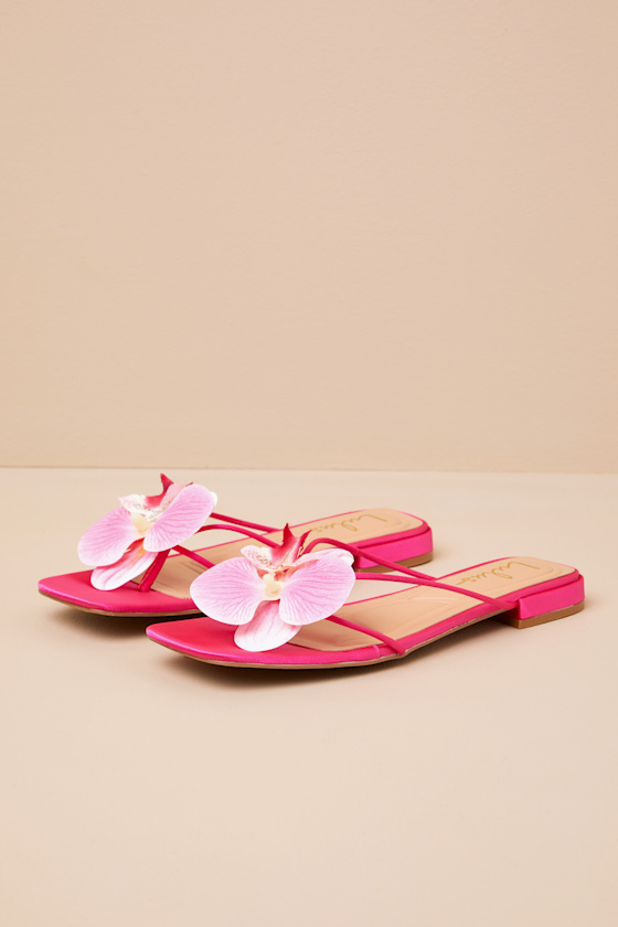 Lulus Florra Hot Pink Satin Floral Applique Low Heel Slide Sandals