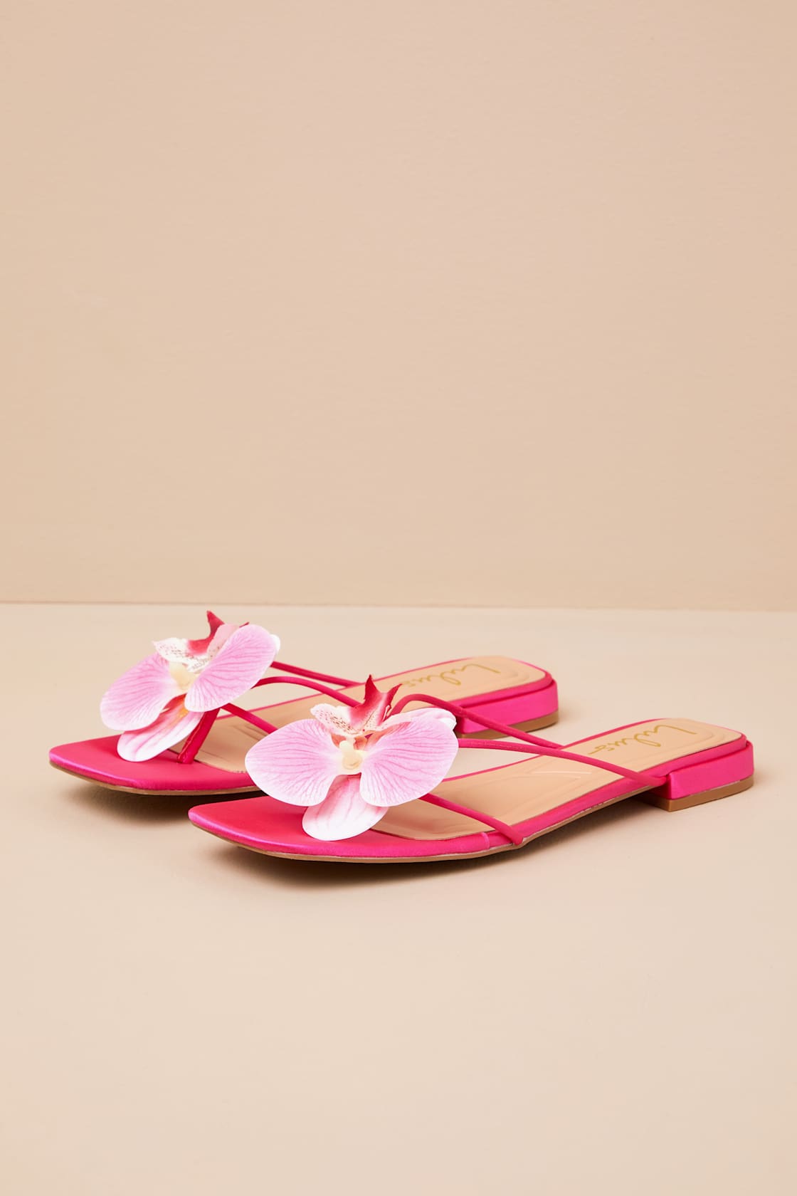 Florra Hot Pink Satin Floral Applique Low Heel Slide Sandals