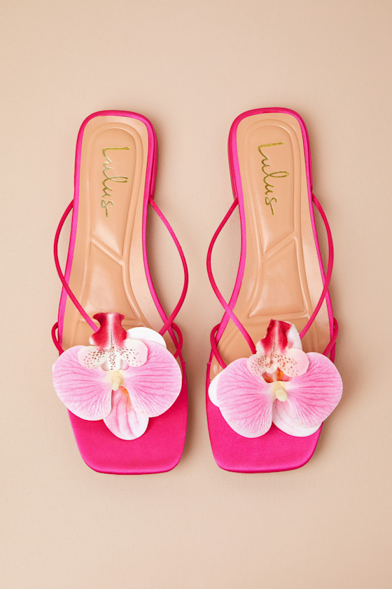 Lulus Florra Hot Pink Satin Floral Applique Low Heel Slide Sandals
