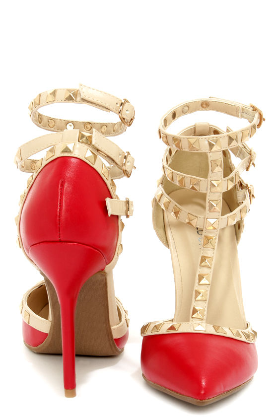 Wild Diva Lounge Adora 55 Red Studded T-Strap Pointed Heels 1