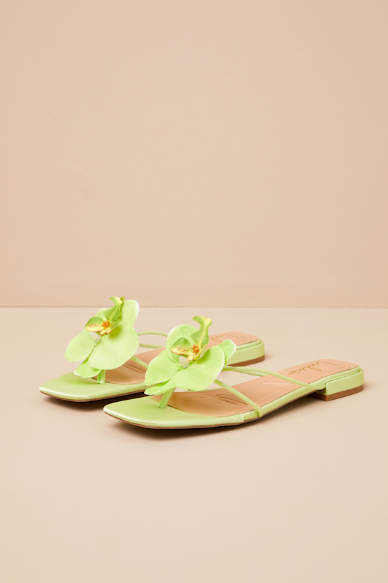 Lulus Florra Lime Green Satin Floral Applique Low Heel Slide Sandals