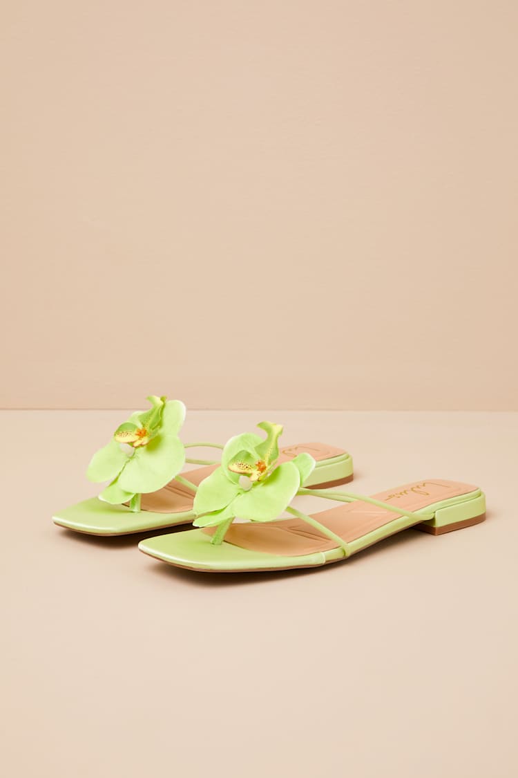 Florra Lime Green Satin Floral Applique Low Heel Slide Sandals