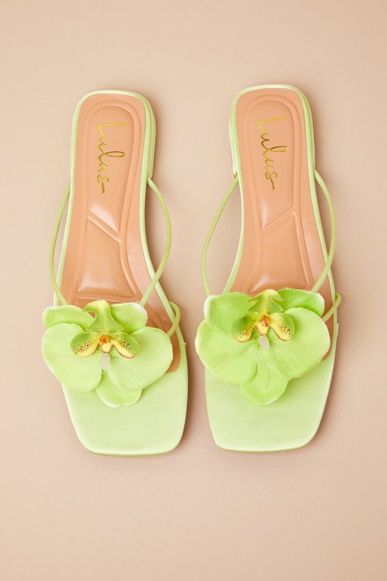 Lulus Florra Lime Green Satin Floral Applique Low Heel Slide Sandals