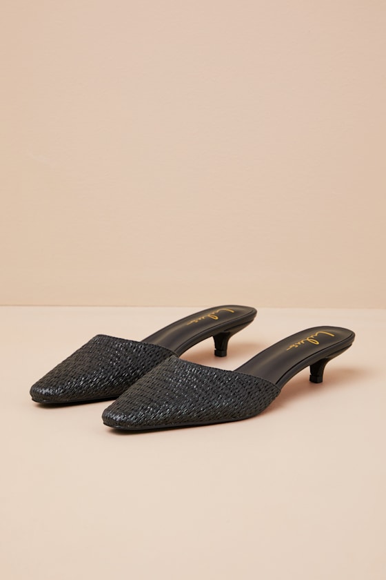 Lulus Alenna Black Raffia Pointed-toe Kitten Heel Mule Pumps