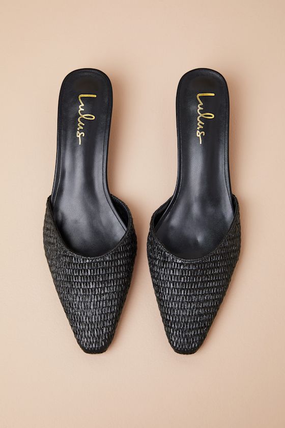 Lulus Alenna Black Raffia Pointed-toe Kitten Heel Mule Pumps