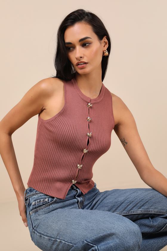 Lulus Conceptually Chic Rust Brown Ribbed Knit Button-front Tank Top