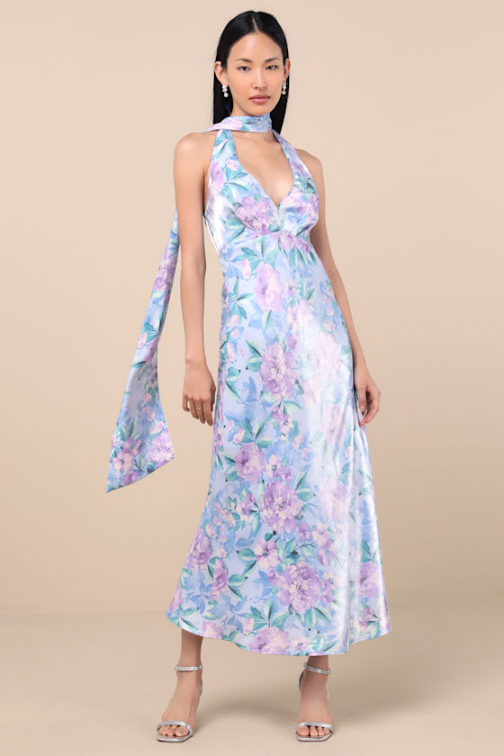 Lulus Malani Light Blue Floral Satin Sash Midi Dress