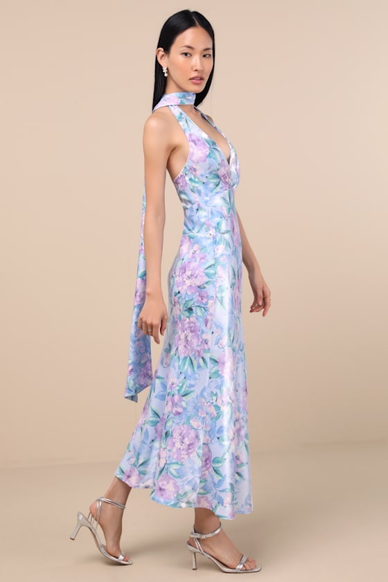 Lulus Malani Light Blue Floral Satin Sash Midi Dress In Multi