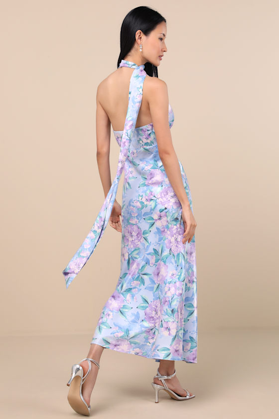 Lulus Malani Light Blue Floral Satin Sash Midi Dress In Multi