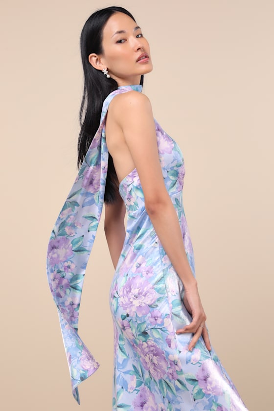 Lulus Malani Light Blue Floral Satin Sash Midi Dress In Multi