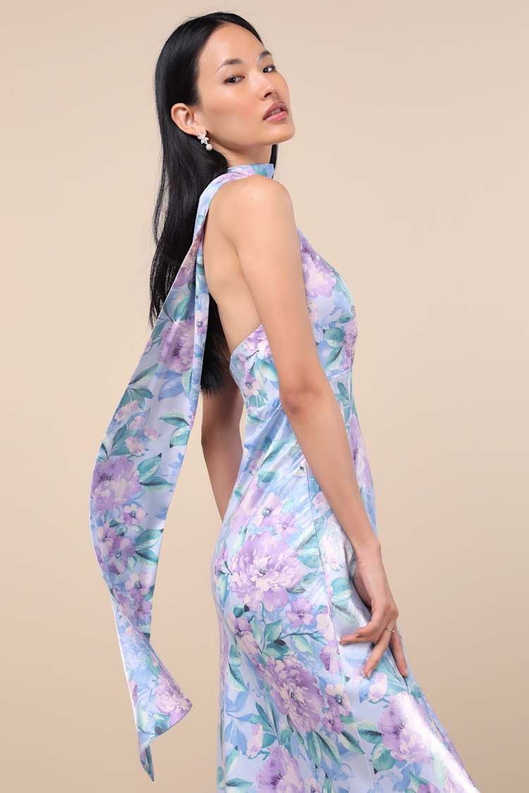Light Blue Floral Dress - Sash Scarf Dress - Satin Bias-Cut Dress - Lulus Light Blue Floral Dress - Sash Scarf Dress - Satin Bias-Cut Dress - Lulus