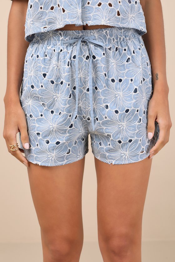 Lulus Aminta Blue Eylet Embroidered Drawstring Shorts