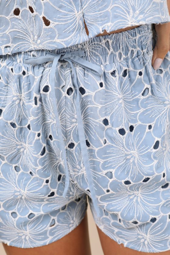 Aminta Blue Eyelet Embroidered Drawstring Shorts - thumbnail 5