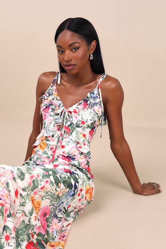 Lulus Clelia Ivory Multi Floral Satin Ruffled Tie-strap Midi Dress