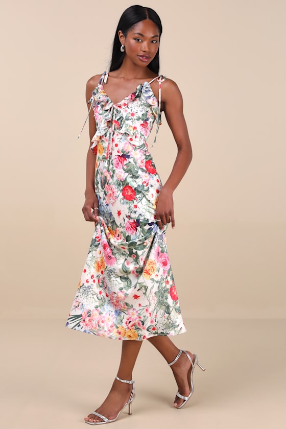 Lulus Clelia Ivory Multi Floral Satin Ruffled Tie-strap Midi Dress