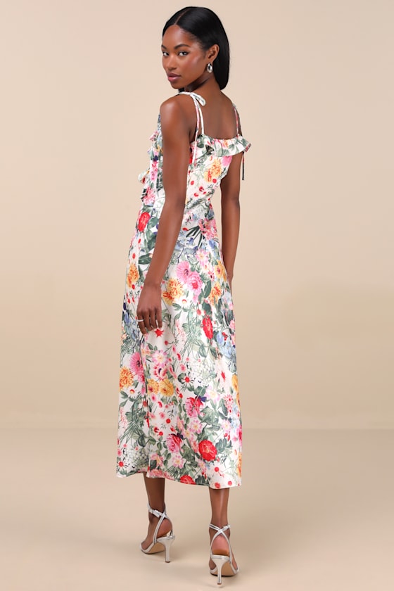 Lulus Clelia Ivory Multi Floral Satin Ruffled Tie-strap Midi Dress