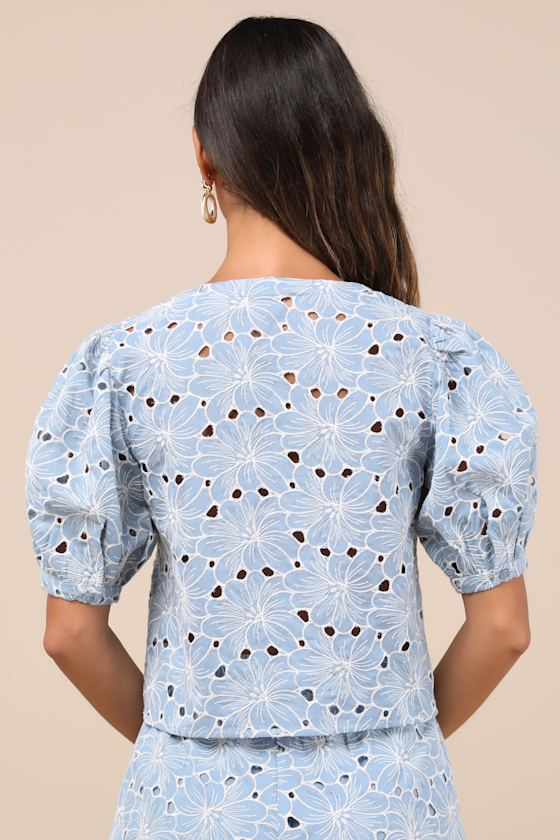 Lulus Aminta Blue Eyelet Embroidered Puff Sleeve Top