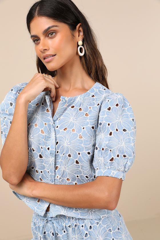 Lulus Aminta Blue Eyelet Embroidered Puff Sleeve Top
