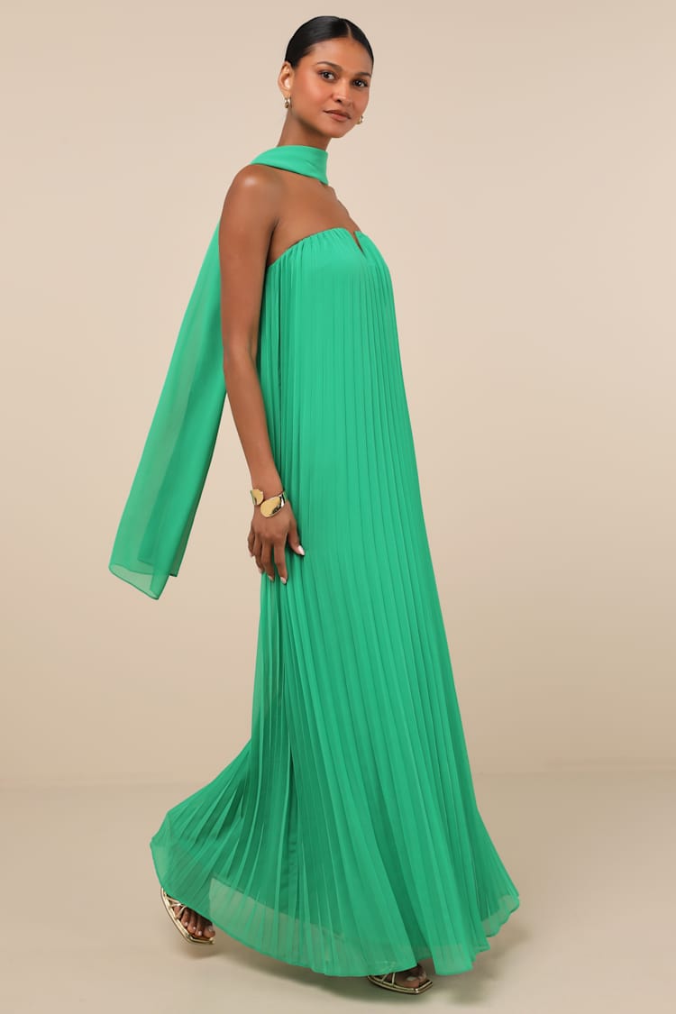 knee length dresses for ladies Hazel Green Strapless Scarf Neck Maxi Dress – Relvoux Womenswear main image 1
