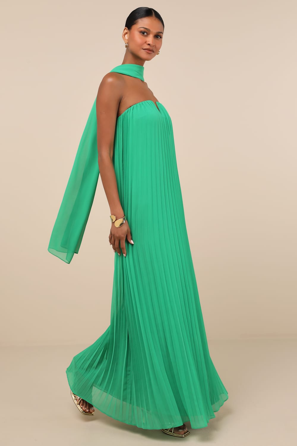 Lael Green Pleated Strapless Dress and Scarf Set