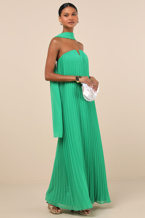 Lulus Lael Green Pleated Strapless Dress And Scarf Set