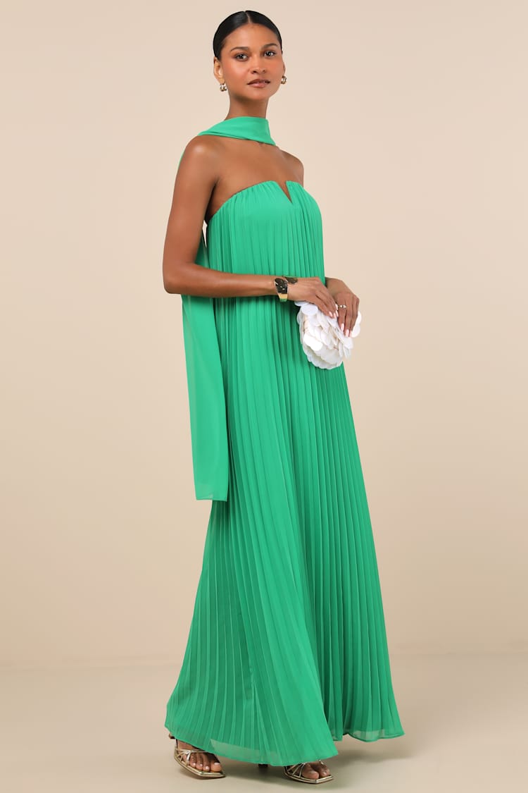 Lael Green Pleated Strapless Dress and Scarf Set