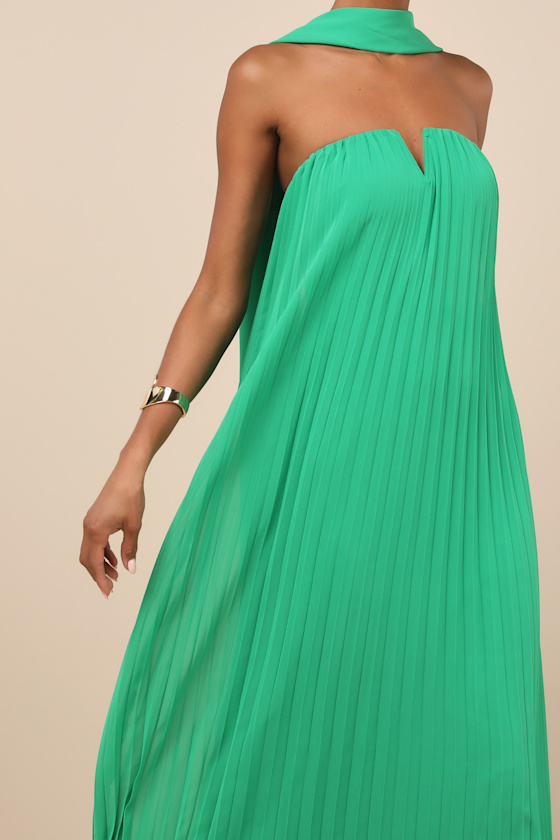 Lulus Lael Green Pleated Strapless Dress And Scarf Set