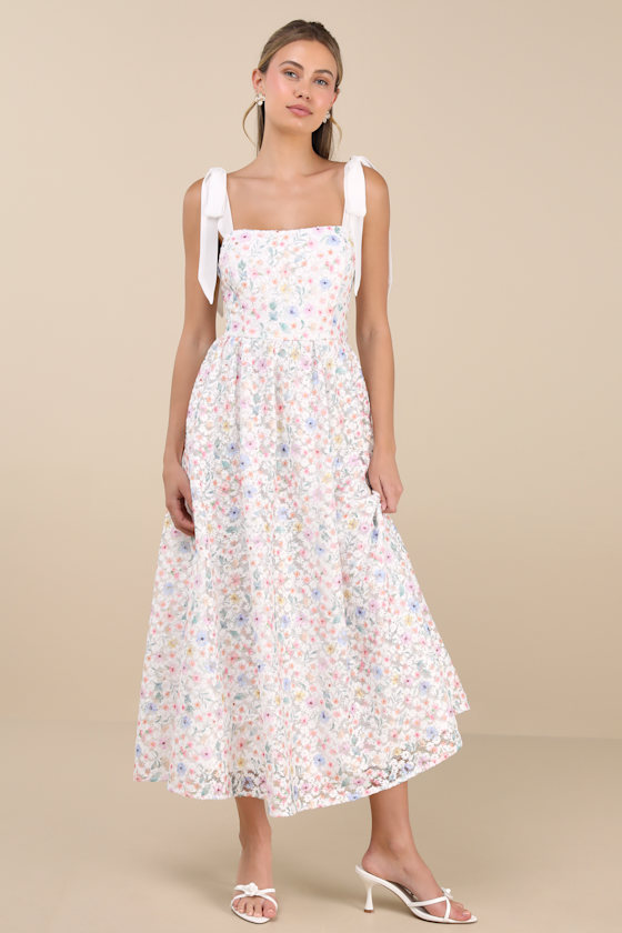 Lulus Brantley White Multi Floral Lace-up Midi Dress