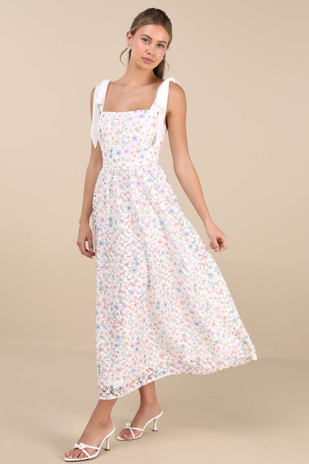 Brantley White Multi Floral Lace-Up Midi Dress