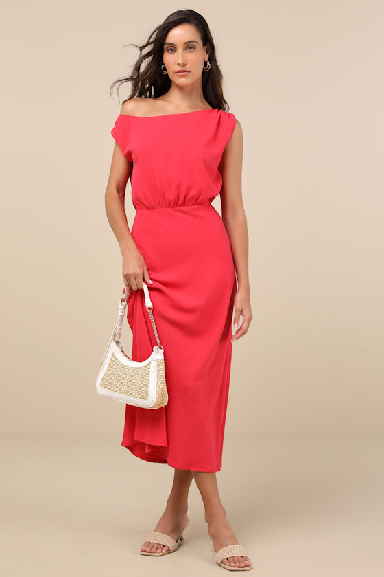 Casual Enchantment Red Orange Linen Off-the-Shoulder Midi Dress 1