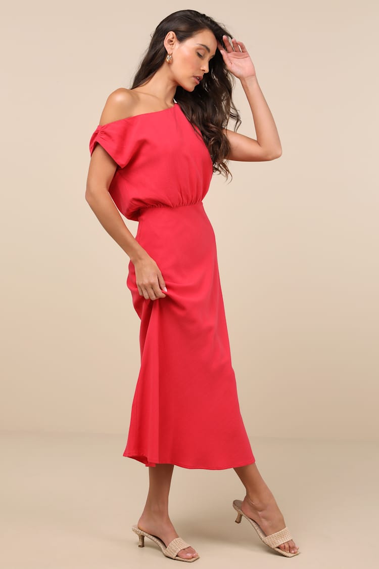 Casual Enchantment Red Linen Off-the-Shoulder Midi Dress