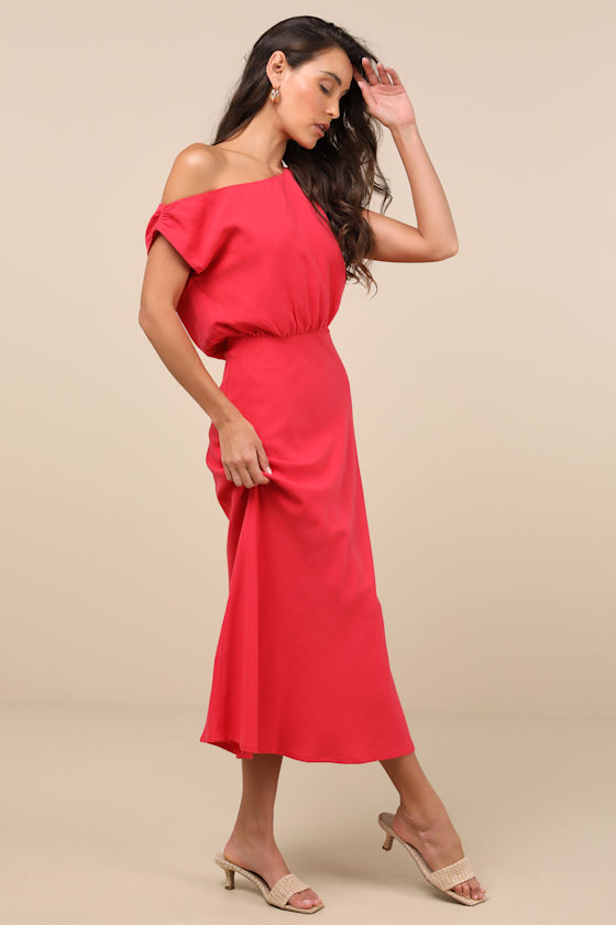 Casual Enchantment Red Orange Linen Off-the-Shoulder Midi Dress 2