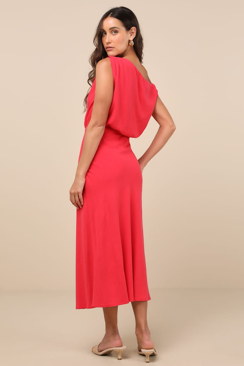 Red Linen-Blend Midi Dress - Midi Dress - Red Asymmetrical Dress