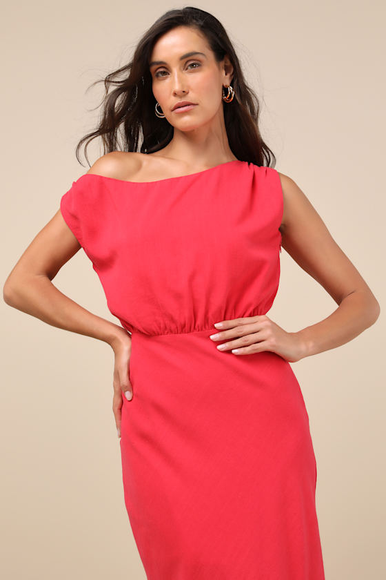 Lulus Casual Enchantment Red Linen Off-the-shoulder Midi Dress