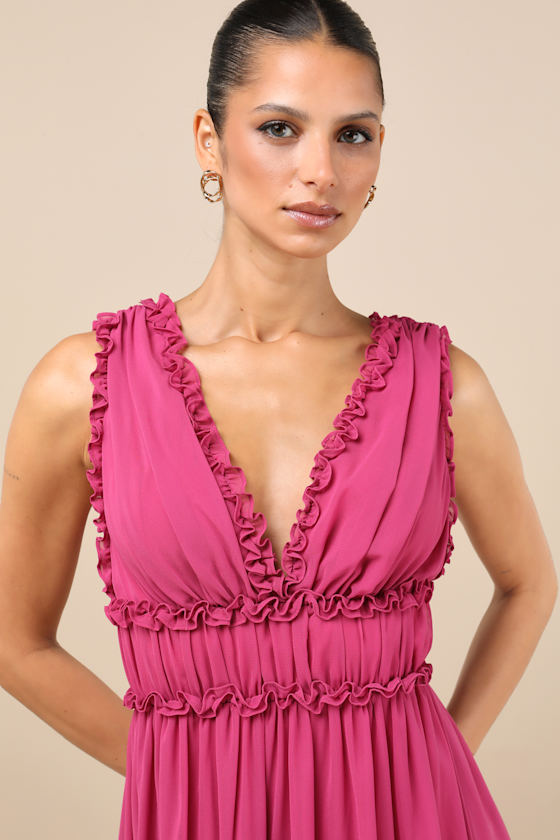 Lulus Helvia Berry Pink Ruffled Sleeveless Maxi Dress