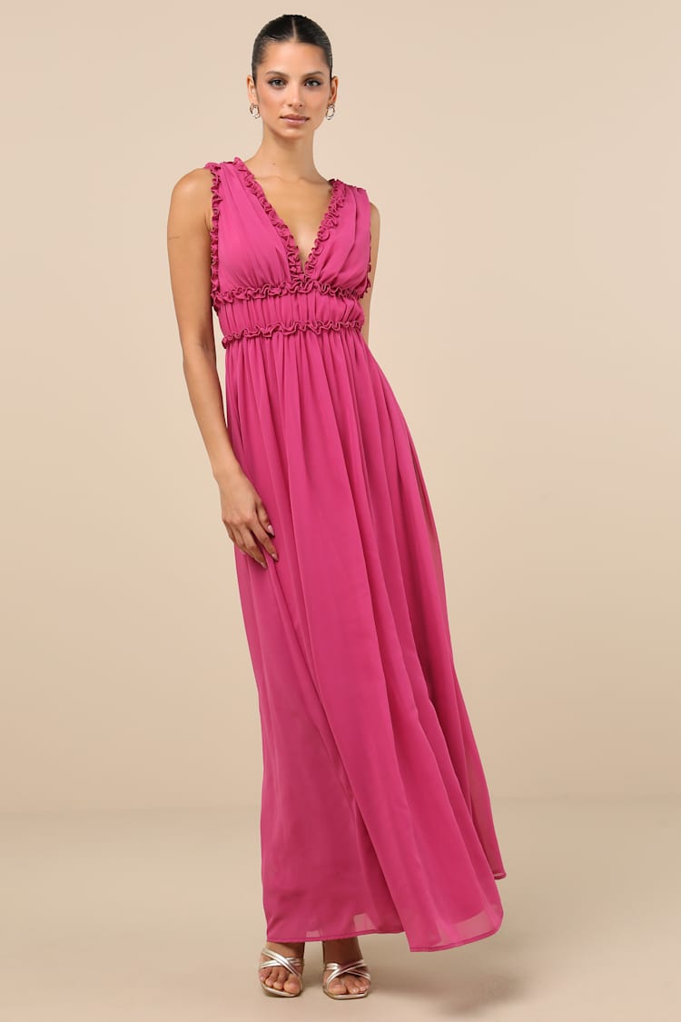 white christmas dresses Mac Duggal - Pink Sleeveless V-Neck Floral Chiffon Ruffle Ball Gown