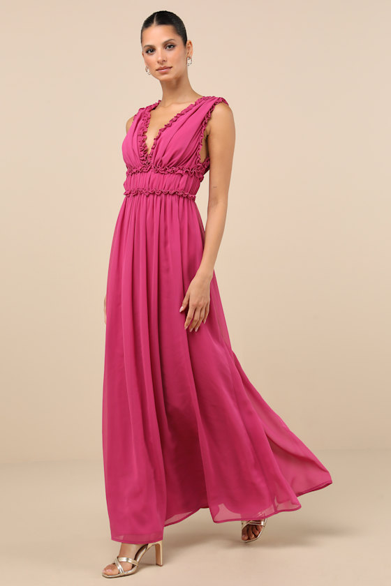Shop Lulus Helvia Berry Pink Ruffled Sleeveless Maxi Dress