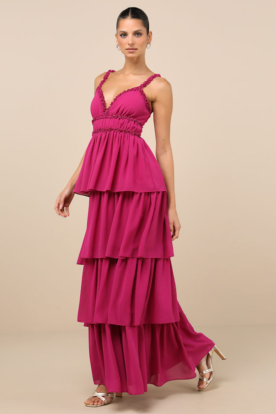 Lulus Olimpia Berry Pink Ruffled Tiered Maxi Dress In Multi