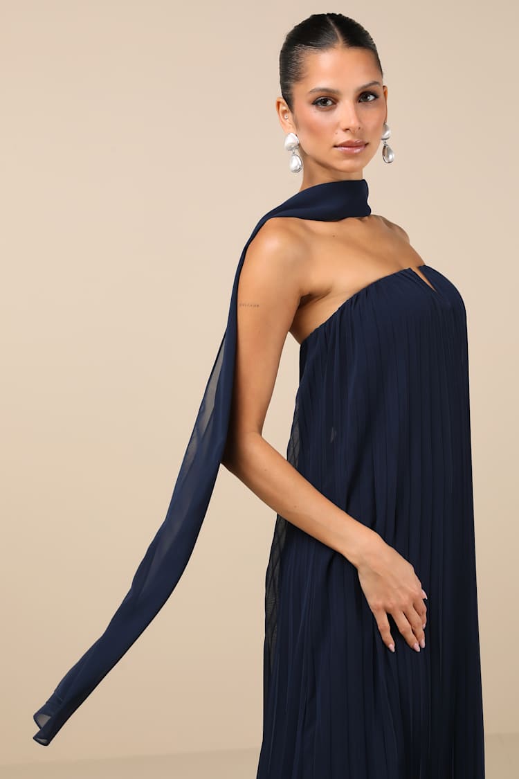 Lael Navy Pleated Strapless Dress and Scarf Set