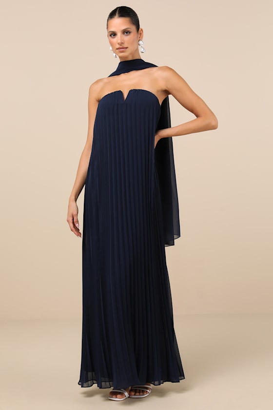 Lulus Lael Navy Pleated Strapless Dress And Scarf Set